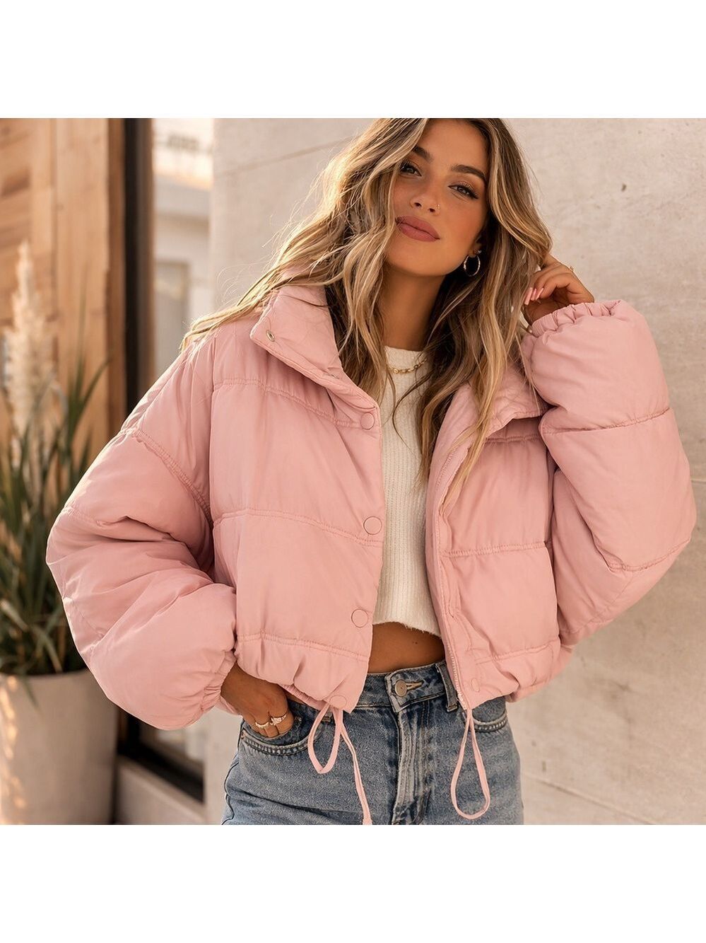 Cropped Puffer Jacket Pink Oversized Snap Front Wild Fable Medium